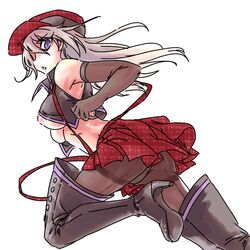 arisa_iriinchina_amieera blue_eyes breasts cabbie_hat female god_eater highres long_hair pantyhose sideboob simple_background skirt solo underboob white_background