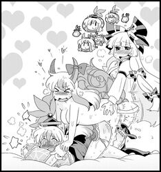 3girls blush bon_(rump) doggy_style dual_persona ex-keine female fujiwara_no_mokou futa_on_female hat heart horns keine_kamishirasawa long_hair monochrome multiple_girls nude pillow ribbon selfcest sex tail tear touhou very_long_hair yuri