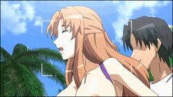 1boy animated beach bi-chiku_beach_nangoku_nyuujoku_satsueika bi-chiku_beach_~nangoku_nyuujoku_satsueikai~ bouncing_breasts breasts brown_hair huge_breasts long_hair lowres male nipples penetration sena_nagisa sling_bikini sling_bikini_aside snapshot swimsuit