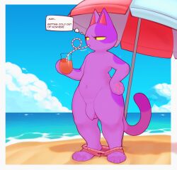 absurd_res animal_crossing anthro balls beach beach_umbrella beverage bob_(animal_crossing) cloud curly_straw day domestic_cat drinking felid feline felis flaccid fur genitals glass hand_on_hip hi_res k1ko male mammal narrowed_eyes nintendo nude pawpads penis purple_body purple_fur sand sea seaside sky solo standing swimming_trunks_down thought_bubble water