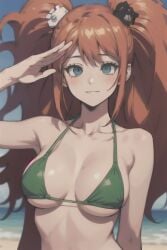 ai_generated beach big_breasts bikini brainwashed brainwashing danganronpa empty_eyes green_bikini hypnosis identity_death junko_enoshima large_breasts mind_control pixai salute saluting smile tagme