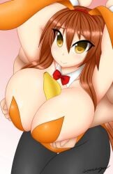 aki_(somegu) animal_ears banana big_breast big_breasts bowtie bowtie_collar brown_hair brown_hair_female bunny_costume bunny_ear bunny_ears bunny_girl bunnygirl bunnysuit groping_breast groping_breasts groping_from_behind hand_on_breast hand_on_breasts hands_on_breast hands_on_breasts huge_breast huge_breasts large_breast large_breasts long_brown_hair long_hair_female somegu touching_breast touching_breasts yellow_eyes