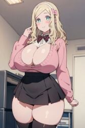 ai_generated big_breasts blonde_hair carol_olston pink_sweater school_uniform schoolgirl skirt sweater thick_thighs thighhighs tomo-chan_wa_onna_no_ko wide_hips