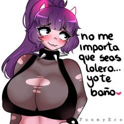 big_breasts fuamyero hanano_(oc) huele_a_sexo lolera mirando mirando_espectador mirandote purple_hair quierepene quieres? quieresexo smile spanish_text tagme tetad tetas tetas_grandes wholesome