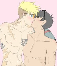 2boys blonde_hair blue_eyes gay gay_sex kissing kissing_while_penetrated masturbation naked naked_male nicholas_d_wolfwood trigun vash_the_stampede yaoi yaoi_anal