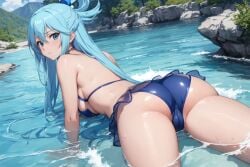 1girls ai_generated aqua_(konosuba) ass ass_focus bikini blue_eyes blue_hair kono_subarashii_sekai_ni_shukufuku_wo! looking_at_viewer looking_back minusleto outdoors prone stable_diffusion thick_thighs very_long_hair wet