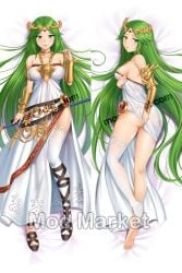 1girls 2d ass barefoot blush body_pillow clothing dress female female_only green_eyes green_hair heel_boots heels hugging_pillow kid_icarus kid_icarus_uprising nintendo one_stocking one_thighhigh palutena socks solo solo_female stockings suggestive thighhighs yuj