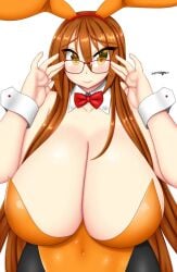 aki_(somegu) animal_ears big_breast big_breasts bowtie bowtie_collar brown_hair brown_hair_female bunny_costume bunny_ear bunny_ears bunny_girl bunnygirl bunnysuit glasses huge_breast huge_breasts large_breast large_breasts long_brown_hair long_hair_female somegu yellow_eyes