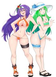 2girls absurdres alternate_costume armpit_crease bikini blue_bikini breasts cleavage commentary female female_only fire_emblem fire_emblem:_path_of_radiance fire_emblem:_radiant_dawn green_bikini green_eyes green_hair green_swimsuit hat highres kyhsoren large_breasts legs_apart legs_together long_hair mia_(fire_emblem) mia_(summer)_(fire_emblem) multiple_girls navel nephenee_(fire_emblem) nintendo orange_bikini orange_swimsuit purple_hair revealing_clothes sandals simple_background smile standing sun_hat surprised swimsuit teeth thigh_strap thong thong_bikini two-tone_bikini underboob upper_teeth_only white_background