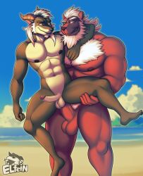 2boys anthro anthro_on_anthro anthro_penetrated anthro_penetrating anthro_penetrating_anthro balls beach brown_body brown_fur canine duo elfein erection eye_patch eyewear felid fur gay genitals hair hi_res horn humanoid_genitalia humanoid_penis lion male male/male male_penetrated male_penetrating male_penetrating_male mammal mature_male muscular muscular_anthro muscular_male nipples pantherine penetration penis penis_size_difference pubes sea seaside sex sky water white_hair