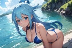 1girls ai_generated aqua_(konosuba) big_breasts bikini blue_bikini blue_eyes blue_hair blush kono_subarashii_sekai_ni_shukufuku_wo! looking_at_viewer minusleto outdoors stable_diffusion very_long_hair