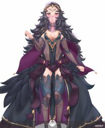 1girls alternate_costume alternate_version_available bare_thighs black_hair bodystocking breasts bride cape crazzeffect detached_sleeves facial_mark female female_only fire_emblem fire_emblem_fates frown full_body high_heels long_hair looking_at_viewer mouth_veil nintendo nyx_(fire_emblem) pink_eyes revealing_clothes see-through sideboob small_breasts solo standing thighhighs thighs veil very_long_hair wedding_dress white_background