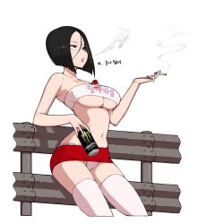 :o bad_id bad_pixiv_id bare_arms bare_shoulders between_breasts black_eyes black_hair breasts cigarette cigarette_pack collarbone commentary cowboy_shot deliciousmeatart english_commentary female female_focus female_only forehead fully_clothed hair_between_eyes highres holding large_breasts leaning_back looking_up microskirt monster_energy navel open_mouth original panties pantyshot railing red_skirt revealing_clothes shadow short_hair simple_background skimpy_clothes skirt smoking solo stockings sweat tight_clothing translation_request tubetop underboob underwear white_background white_legwear white_panties