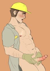 balls blush boner booty_electric closed_eyes erection hard_hat male male_only muscles muscular nintendo npc_trainer open_clothes pantsless penis pokemon solo solo_male worker_(pokemon)