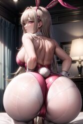 ai_generated alternate_costume ass ass_focus backboob bare_shoulders bed big_ass big_butt blush breasts bubble_butt cameltoe embarrassed female from_behind goddess_of_victory:_nikke huge_ass large_breasts leotard long_hair looking_at_viewer looking_back official_alternate_costume pantyhose playboy_bunny rabbit_ears rabbit_tail red_eyes shiny shiny_clothes shiny_hair shiny_skin sideboob sitting solo tail thong thong_leotard very_long_hair viper_(nikke) viper_(toxic_rabbit)_(nikke)