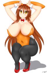 aki_(somegu) animal_ears big_breast big_breasts bowtie bowtie_collar brown_hair brown_hair_female bunny_costume bunny_ear bunny_ears bunny_girl bunny_tail bunnygirl bunnysuit huge_breast huge_breasts large_breast large_breasts long_brown_hair long_hair_female somegu yellow_eyes