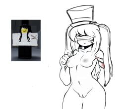 anonymous_artist black_top_hat blind blindfold blindfolded blood blush blush_lines blushing colorless doodle exposed_breasts exposed_torso female girl hat line_art long_hair nipples nipples_exposed ponytails pussy pussy_exposed ralph ralphie roblox roblox_avatar rule_63 small_breasts smile smiling tophat yellow_body yellow_skin