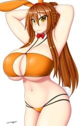 aki_(somegu) animal_ears big_breast big_breasts bikini bowtie bowtie_collar brown_hair brown_hair_female bunny_ear bunny_ears bunny_girl bunny_tail bunnygirl huge_breast huge_breasts large_breast large_breasts long_brown_hair long_hair_female orange_bikini orange_swimsuit orange_swimwear somegu swimsuit swimwear yellow_eyes