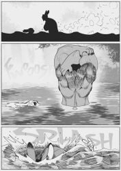 2023 abs anthro areola black_and_white breasts comic digital_media_(artwork) diving duo english_text female floating gynomorph_(lore) hair hare lagomorph lake leporid male mammal monochrome muscular muscular_anthro muscular_male nude onomatopoeia partially_submerged peculiart rabbit ruth_(peculiart) short_hair sound_effects steam steaming stig_(peculiart) text wet wet_body wet_hair