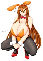 aki_(somegu) animal_ears big_breast big_breasts bowtie bowtie_collar brown_hair brown_hair_female bunny_costume bunny_ear bunny_ears bunny_girl bunny_tail bunnygirl bunnysuit huge_breast huge_breasts large_breast large_breasts long_brown_hair long_hair_female somegu yellow_eyes