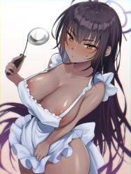 1girls absurdres apron areola_slip barely_clothed black_hair blue_archive blush breasts cleaning_&_clearing_(blue_archive) cleavage closed_mouth commentary cowboy_shot dark-skinned_female dark_skin embarrassed female frilled_apron frills hair_between_eyes highres holding holding_ladle karin_(blue_archive) ladle large_breasts long_hair millennium_science_school_student mostly_nude naked_apron shihoaitogi solo white_apron yellow_eyes