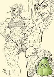 2d anthropomorphic anthropomorphism black_and_white bodybuilder chayote_(pvz) female female_focus lineart military muscular muscular_female no_sex plants_vs_zombies pvz scar scar_on_face shorts smoking squash_(pvz) tied_hair topwear