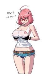 absurdres ass_grab bad_id bad_pixiv_id bare_shoulders belt black_gloves blush breast_hold breasts cleavage collarbone counter:side cowboy_shot cowlick deliciousmeatart denim eyelashes female flying_sweatdrops glasses gloves green_eyes hair_between_eyes hair_ornament highres korean_commentary large_breasts nipples no_bra open_mouth partially_fingerless_gloves pink_hair see-through see-through_shirt shirt short_shorts shorts simple_background smartwatch solo sweat swept_bangs sylvia_lena_cooper tank_top taut_clothes taut_shirt thigh_gap torn_clothes torn_legwear translation_request watch white_background white_shirt wristwatch