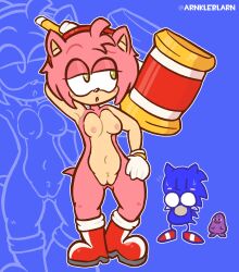 amy_rose anthro arnkleblarn belly blue_background boots breasts clothing eulipotyphlan exhibitionism female footwear fur genitals gloves grimace_(mcdonald's) hammer handwear hedgehog hi_res mammal mcdonald's navel nipples nude pink_body pink_fur pose pussy sega short_stack shortstack simple_background solo sonic_(series) sonic_the_hedgehog sonic_the_hedgehog_(series) thigh_gap tools