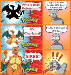 2023 anon anthro big_breasts blue_text breasts charizard claws comic_strip digital_media_(artwork) dragon duo exclamation_mark fanart female finger_claws game_freak hi_res long_tail male medium_breasts membrane_(anatomy) membranous_wings nintendo nosebleed orange_body orange_skin painterdreamer pokemon pokemon_(species) question_mark red_eyes red_text short_comic text text_bubble thick_thighs wings