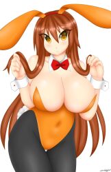 aki_(somegu) animal_ears big_breast big_breasts bowtie bowtie_collar brown_hair brown_hair_female bunny_costume bunny_ear bunny_ears bunny_girl bunny_tail bunnygirl bunnysuit huge_breast huge_breasts large_breast large_breasts long_brown_hair long_hair_female somegu yellow_eyes