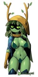 adventure_time antlers black_mask blue_cape green_body green_eyes green_skin hood hourglass_figure huntress_wizard large_breasts leaf_clothing leaf_hair leaves long_gloves mask minus8 thick_thighs twitter_logo twitter_username yellow_gloves yellow_hood