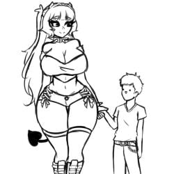 :) :| belt belt_chain big_ass big_breasts boots clothed cropped_legs curvy cute demon_girl demon_tail female front_view fuamyero giantess hanano_(oc) hand_holding happy height_difference holding_hands hourglass_figure jeans larger_female leather_belt legs line_art long_hair long_legs looking_at_each_other looking_at_partner male midriff no_color no_mouth poker_face shorter_male shorts size_difference smaller_male smile smiling spade_tail spiked_choker spiked_collar tail taller_female taller_girl thick_thighs thigh_gap thighs wholesome wide_hips wip