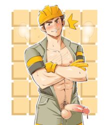 balls blush boner crossed_arms erection hard_hat male male_only muscles muscular nekonneru_(artist) nintendo npc_trainer open_clothes penis pokemon solo solo_male sweat sweating worker_(pokemon)