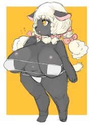 1girls 2023 big_breasts black_body blush breasts caprine chubby_female cute eyelashes female female_only furry furry_only hanging_breasts havilaladlf horizontal_pupils huge_breasts navel open_mouth orange_eyes overweight sagging_breasts saggy_breasts sheep sheep_girl simple_background sweatdrop white_fur white_hair