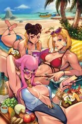 3girls beach bikini blonde_hair boat bread brown_hair cammy_white capcom cheese chun-li feet female female_only food fruit highres human manon_legrand multiple_girls ocean reiq seaside soles street_fighter street_fighter_6 sunglasses_on_head swimsuit toes voluptuous watercraft