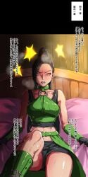 1girls 2d angry athletic athletic_female bed bedroom black_hair disgusted dragon_quest dragon_quest_xi female female_focus female_only fit_female hentaix hi_res highres imminent_rape imminent_sex indoors jade_(dq11) japanese_text looking_at_viewer ponytail princess royalty square_enix steam steaming_body steamy_breath sweat sweatdrop text