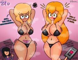 2girls absurd_res alice_(spunow) arms_behind_head arms_up artist_name artist_signature bikini bikini_bottom bikini_top blonde_female blonde_hair blush breasts chubby chubby_female dark-skinned_female dark_skin embarrassed english_text female female_focus female_only happy jessica_(spunow) light-skinned_female light_skin living_clothes looking_at_viewer lucy_(spunow) onomatopoeia open_mouth pubic_tattoo smile spunow_ steam steaming_body steamy sweat sweatdrop sweating sweaty sweaty_armpits sweaty_body sweaty_breasts sweaty_face sweaty_legs sweaty_thighs text underwear