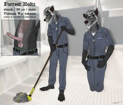 1boy 2023 anthro artist_name balls ballsack beard body_fur body_hair character_profile chest_hair cleaning_tool clothed dangling_testicles dog_tags elderly_male eyewear facial_hair forrest_(foxmusk) foxmusk genitals glasses grey_eyes grey_fur hairy_balls hi_res humanoid_penis janitor long_hair_male long_penis low_hanging_balls male male_only male_pubic_hair mammal masculine mature_anthro mature_male mephitid missing_teeth mullet mustache old pants_down penis penis_out pubes scrotum skinny skunk smooth_penis solo testicles white_hair