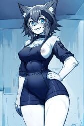 abs ai_generated anthro big_breasts dark-skinned_female furr_app furry gym_clothes large_breasts monster monster_girl monster_musume monster_musume_no_iru_nichijou polt polt_(monster_musume) sport_shorts sports_bra thick_thighs weightlifting