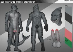 1boy 2_penises 5_fingers abs anthro balls biped bitfang claws color_swatch countershade_face countershade_torso countershading diphallia diphallism erection fin fingers fish genitals glans grey_body hi_res horizontal_diphallism humanoid_genitalia humanoid_penis male male_focus male_only marine model_sheet multi_genitalia multi_penis muscular muscular_male penis shark solo solo_focus striped_body stripes tail tail_fin