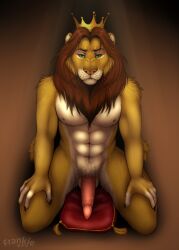 abs anthro balls crown felid feline fenn.perrox genitals headgear hi_res kneeling lion looking_at_viewer male male_only mammal pantherine penile_spines penis pillow presenting seductive solo zilvus