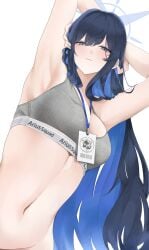 1girls absurd_res arius_satellite_school_logo_(blue_archive) arius_satellite_school_student arius_squad_(blue_archive) armpits arms_up belly belly_button belly_focus blue_archive blue_eyes blue_hair blush breasts curvy curvy_female curvy_figure female female_only fit_female fte_(fifteen_199) halo hands_behind_head looking_at_viewer midriff navel no_panties saori_(blue_archive) sports_bra stomach stretching thighs tummy waist