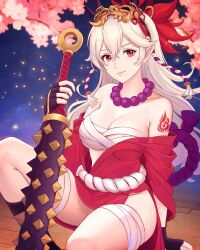 1girls absurdres alternate_costume bead_necklace beads black_gloves breasts cherry_blossoms chest_sarashi cleavage club_(weapon) corrin_(female)_(fire_emblem) corrin_(fire_emblem) corrin_(fire_emblem)_(female) female female_only fingerless_gloves fire_emblem fire_emblem_fates fire_emblem_heroes gloves grey_hair highres japanese_clothes jewelry long_hair looking_at_viewer mask mask_on_head medium_breasts necklace nintendo pointy_ears red_eyes sarashi shoulder_tattoo sitting smile solo tattoo thighs truejekart weapon