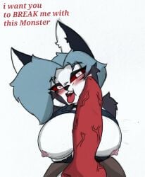 <3_eyes animal_genitalia animal_penis anthro anthro_on_anthro anthro_pov big_breasts big_penis blush breasts canid canid_demon canine_genitalia canine_penis demon duo english_text female fur genitals heart hellhound helluva_boss knot loona_(helluva_boss) male male/female mammal pace-maker penis text