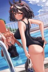 2girls absurdres adjusting_clothes adjusting_swimsuit ahoge alternate_costume animal_ears ass black_hair black_one-piece_swimsuit blue_sky blurry blurry_background blush breasts closed_mouth clothes_pull clothing_cutout cloud cloudy_sky commentary_request cowboy_shot from_behind hair_between_eyes hair_rings highres horse_ears horse_girl horse_tail kitasan_black_(umamusume) light-skinned_female light_skin long_hair looking_at_viewer looking_back medium_breasts multicolored_hair multiple_girls one-piece_swimsuit one-piece_swimsuit_pull outdoors partially_submerged pool red_eyes short_hair sky small_breasts streaked_hair sweep_tosho_(umamusume) swim_goggles swimsuit tabunshake tail tail_through_clothes umamusume wedgie white_hair