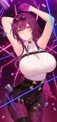 1girls armpits arms_up big_breasts curvy female female_only fukuro_ko_(greentea) glasses glasses_on_head gloves hi_res highres honkai:_star_rail huge_breasts kafka_(honkai:_star_rail) large_breasts legwear looking_at_viewer purple_eyes purple_hair shorts solo thick thick_thighs voluptuous