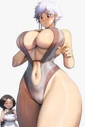 2024 2girls anhuzart big_breasts black_hair bleach breasts busty cleavage curvaceous curvy curvy_female curvy_figure earrings ethan69_(artist) fat_breasts female flat_belly kotetsu_isane large_breasts perfect_legs pov shiny_skin short_hair smaller_female smartphone stomach swimsuit taking_picture taller_female taller_girl teacher_and_student thick_thighs thighs thighs_together underboob unohana_retsu voluptuous white_background white_hair wide_hips