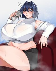 absurdres alternate_breast_size bare_shoulders bbw belly black_hair blue_eyes blue_ribbon blush breasts bursting_breasts can chubby couch eyelashes fat female female_focus grin highres holding holding_can hololive hololive_english hololive_english_-council- hololive_english_-promise- huge_breasts lips looking_at_viewer mature_female milf navel ouro_kronii plump ribbon ribbon_earrings shiny_skin shirt short_hair sitting skindentation smile solo steam steaming_body strongmoist sweat thick_lips thick_thighs thighs virtual_youtuber white_shirt wide_hips