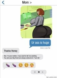 ameizing_lewds ass ass_focus big_ass big_breasts breasts clothed danny_fenton danny_phantom dirty_talk fake_screenshot female huge_ass huge_breasts incest madeline_fenton mother_and_son size_talk text ur_ass_is_huge white_background