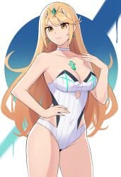 1girls alternate_costume blonde_hair blush breasts cleavage core_crystal ear_piercing edmonmondo female female_only fit fit_female frown long_hair looking_at_viewer mythra nintendo official_alternate_costume orange_eyes solo swimsuit wide_hips xenoblade_(series) xenoblade_chronicles_2 yellow_eyes